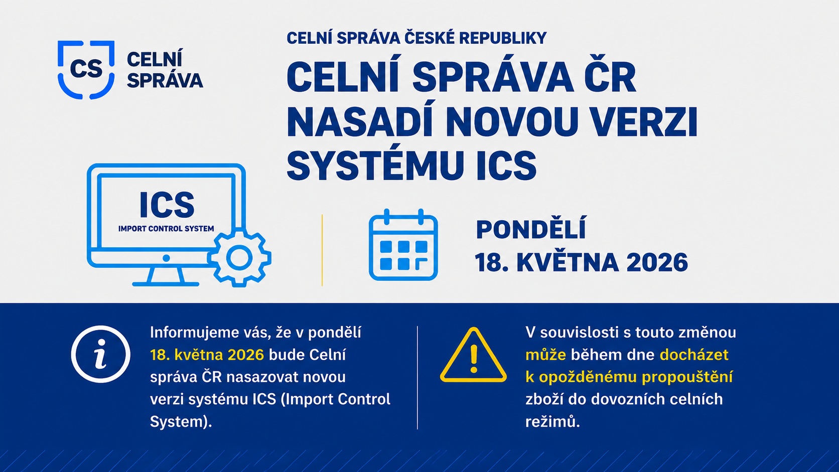 Celní správa ČR nasadí novou verzi systému ICS. Může dojít ke zpoždění při dovozu